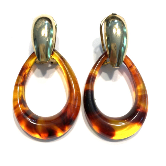 Vintage Pierced Earrings Faux Tortoise Shell Hoops Doorknockers Drop & Dangle - Picture 7 of 7